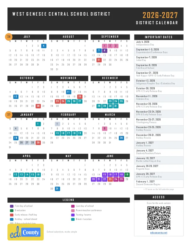 West Genesee Central School District printable 2026-27 calendar