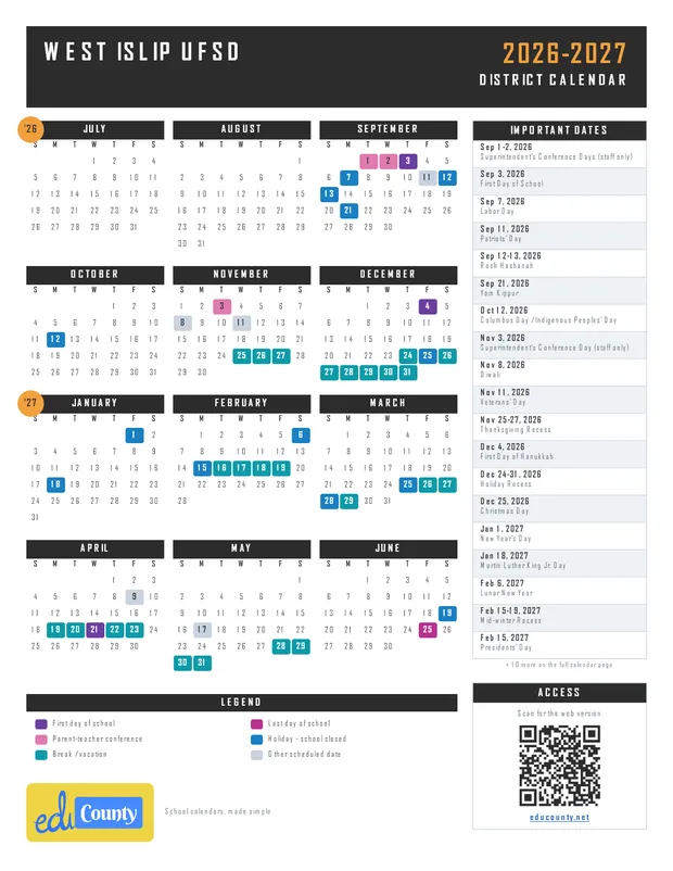 WEST ISLIP UFSD printable 2026-27 calendar