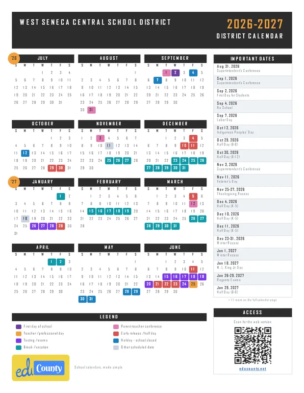 West Seneca Central School District printable 2026-27 calendar