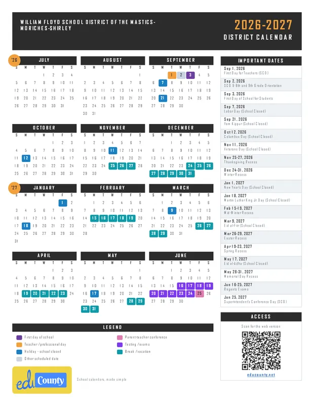William Floyd School District of the Mastics-Moriches-Shirley printable 2026-27 calendar