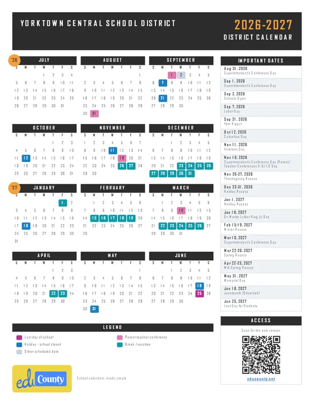 YORKTOWN CENTRAL SCHOOL DISTRICT printable 2026-27 calendar