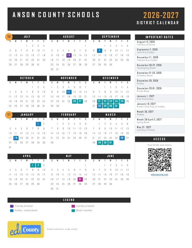 Anson County Schools printable 2026-27 calendar