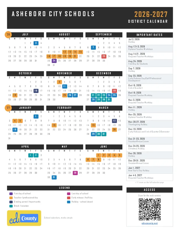Asheboro City Schools printable 2026-27 calendar