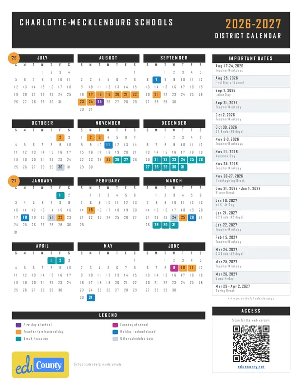 Charlotte-Mecklenburg Schools printable 2026-27 calendar