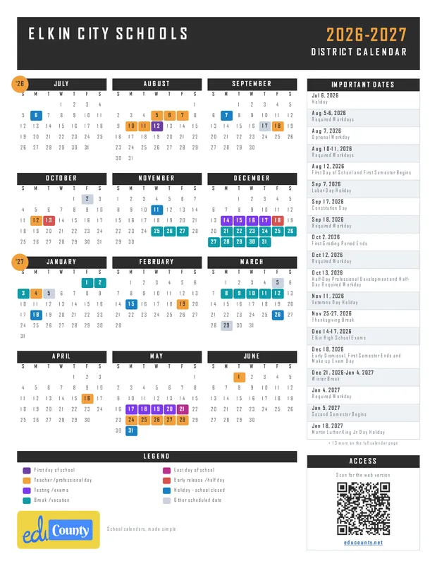 Elkin City Schools printable 2026-27 calendar