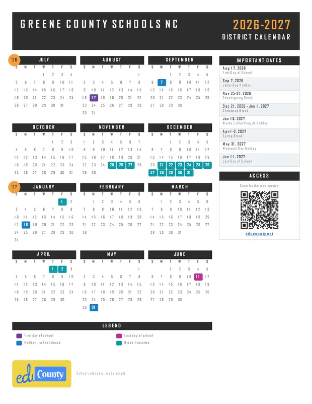 Greene County Schools printable 2026-27 calendar