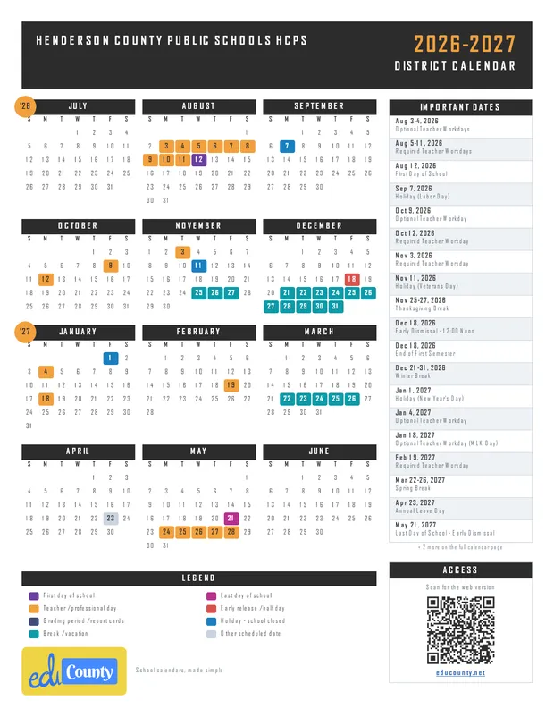 Henderson County Public Schools hcps printable 2026-27 calendar