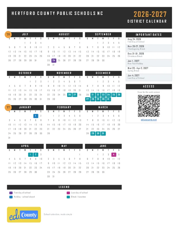 Hertford County Public Schools printable 2026-27 calendar