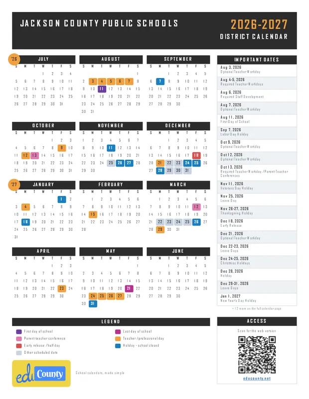 Jackson County Public Schools printable 2026-27 calendar