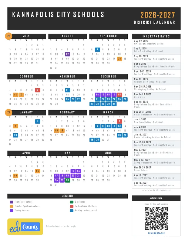 Kannapolis City Schools printable 2026-27 calendar