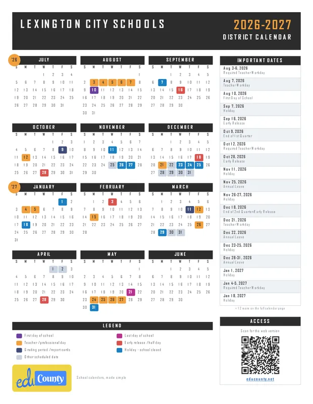 Lexington City Schools printable 2026-27 calendar