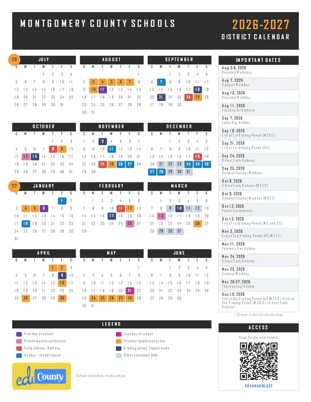 Montgomery County Schools printable 2026-27 calendar