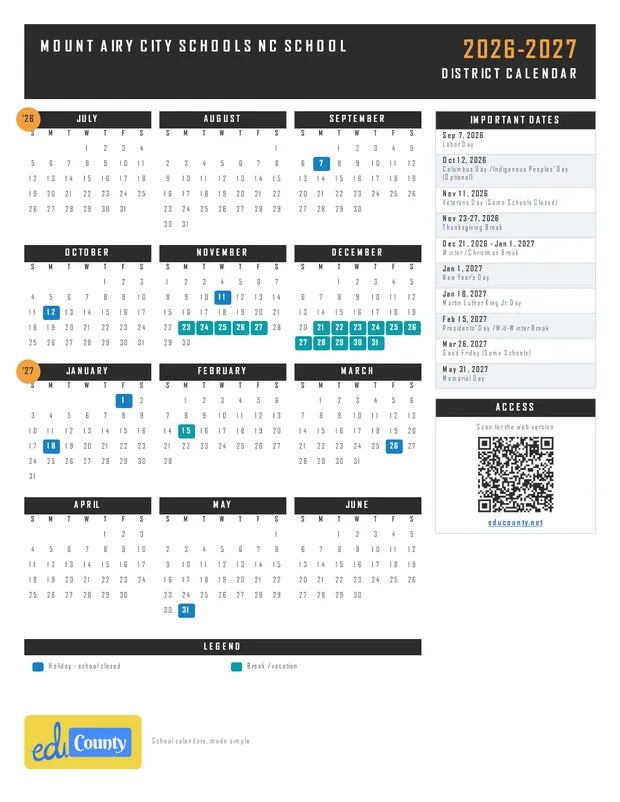 Mount Airy City Schools NC School printable 2026-27 calendar