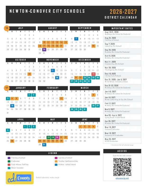 Newton-Conover City Schools printable 2026-27 calendar