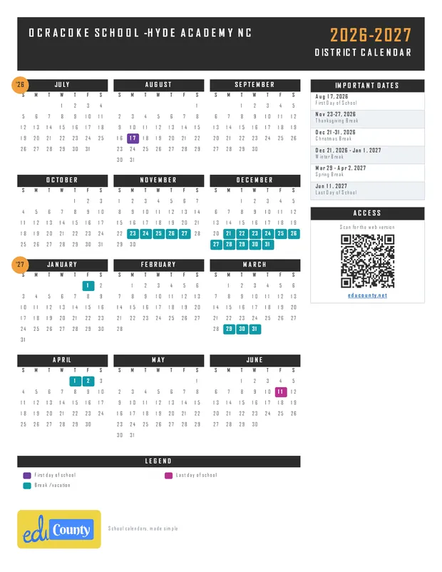 Ocracoke School -Hyde Academy printable 2026-27 calendar