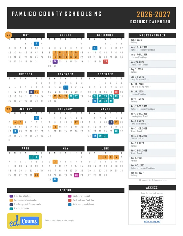 Pamlico County Schools printable 2026-27 calendar