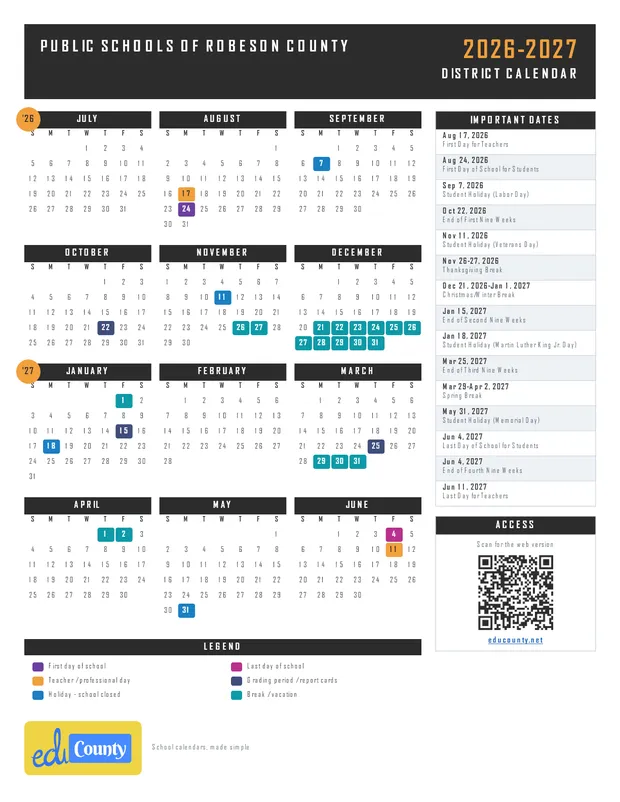 Public Schools of Robeson County printable 2026-27 calendar