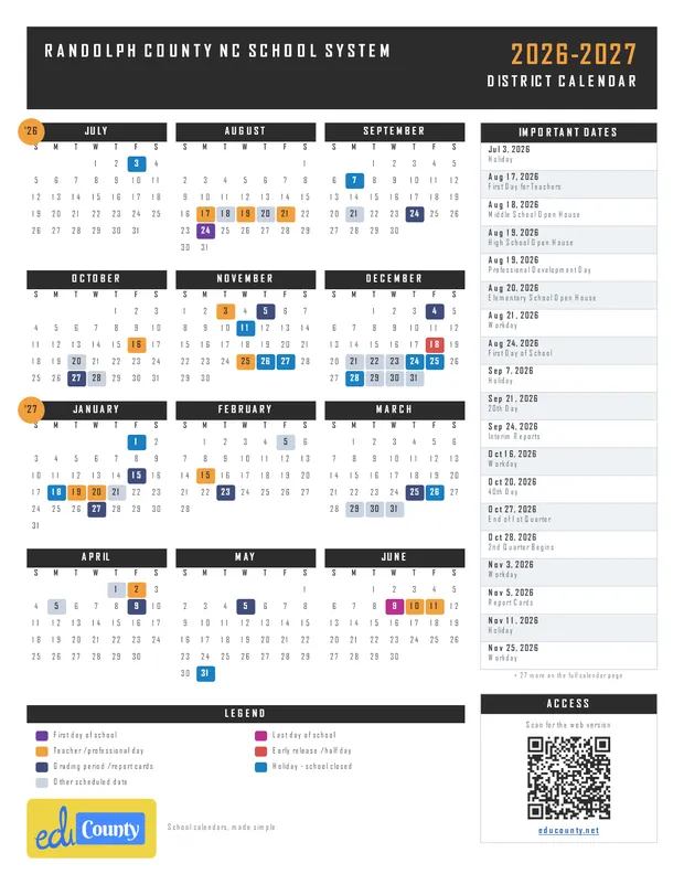Randolph County NC School System printable 2026-27 calendar