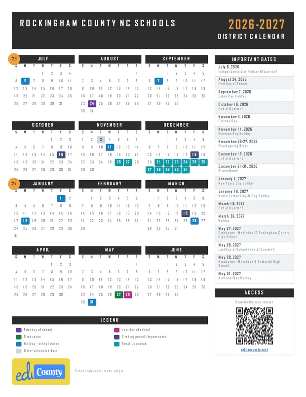 Rockingham County NC Schools printable 2026-27 calendar