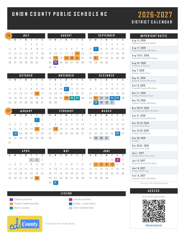 Union County Public Schools printable 2026-27 calendar
