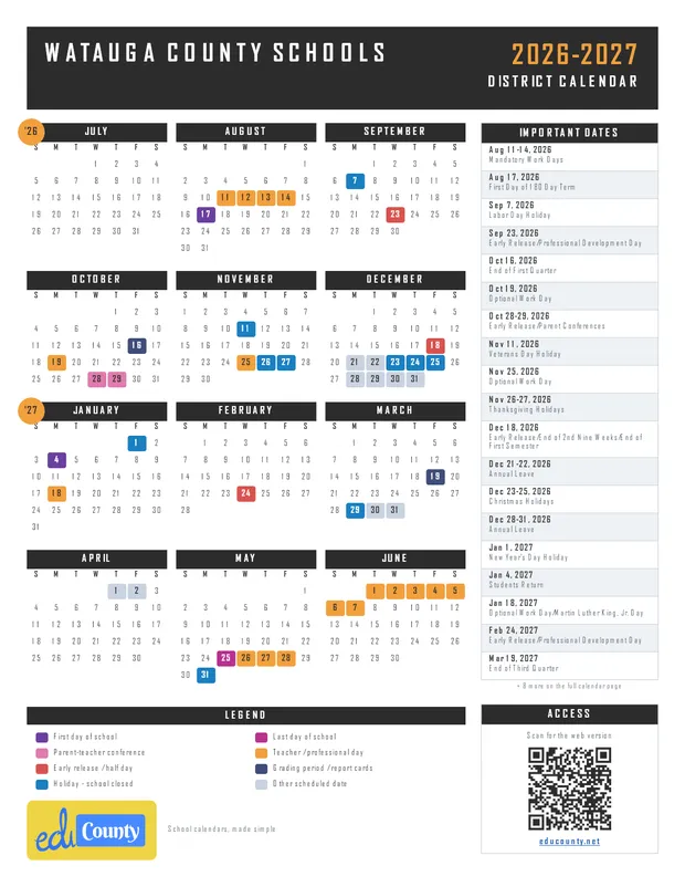 Watauga County Schools printable 2026-27 calendar