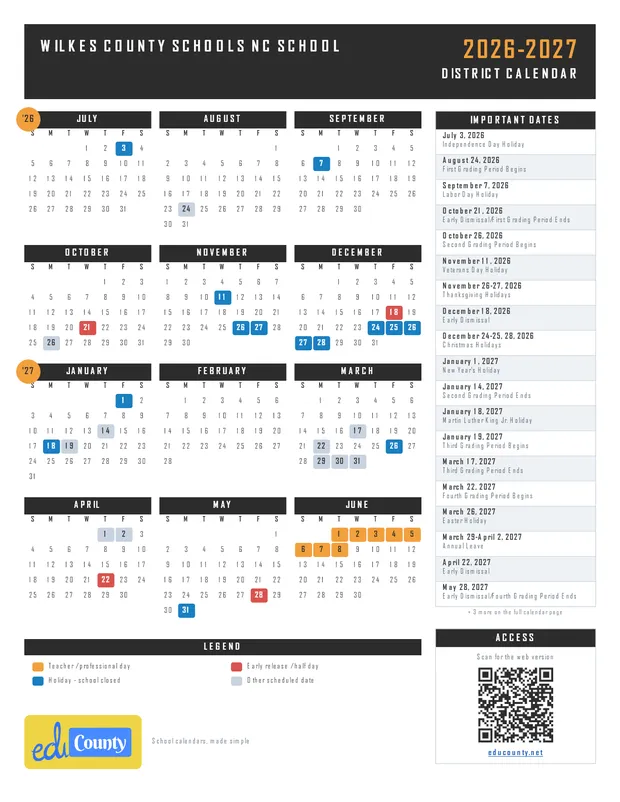 Wilkes County Schools NC School printable 2026-27 calendar