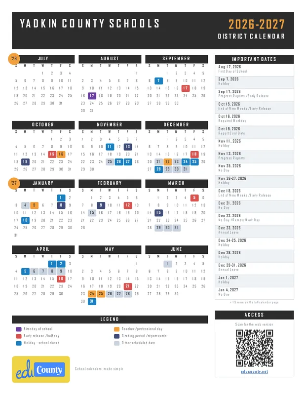 Yadkin County Schools printable 2026-27 calendar