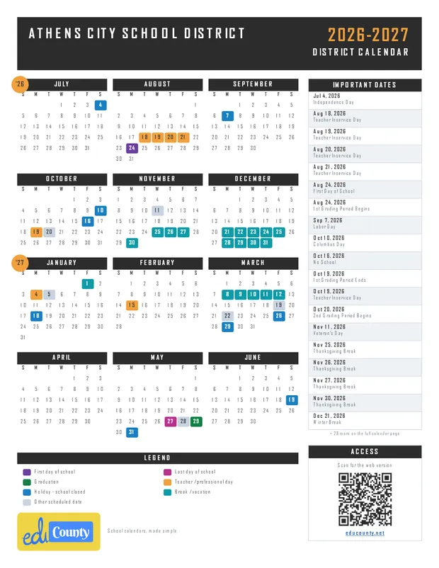 Athens City School District printable 2026-27 calendar