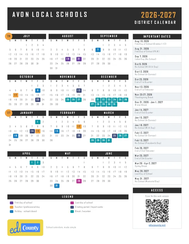 Avon Local Schools printable 2026-27 calendar