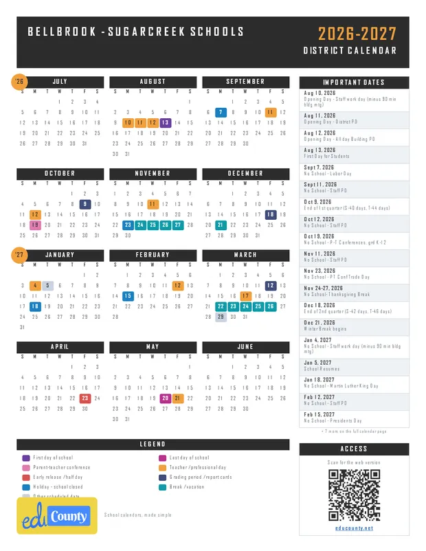 Bellbrook - Sugarcreek Schools printable 2026-27 calendar