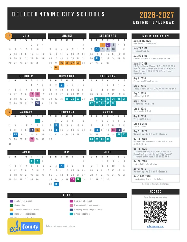 Bellefontaine City Schools printable 2026-27 calendar