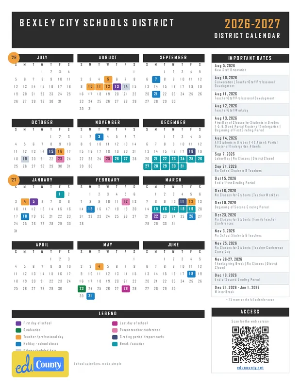 Bexley City Schools District printable 2026-27 calendar