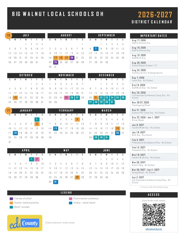 Big Walnut Local Schools printable 2026-27 calendar
