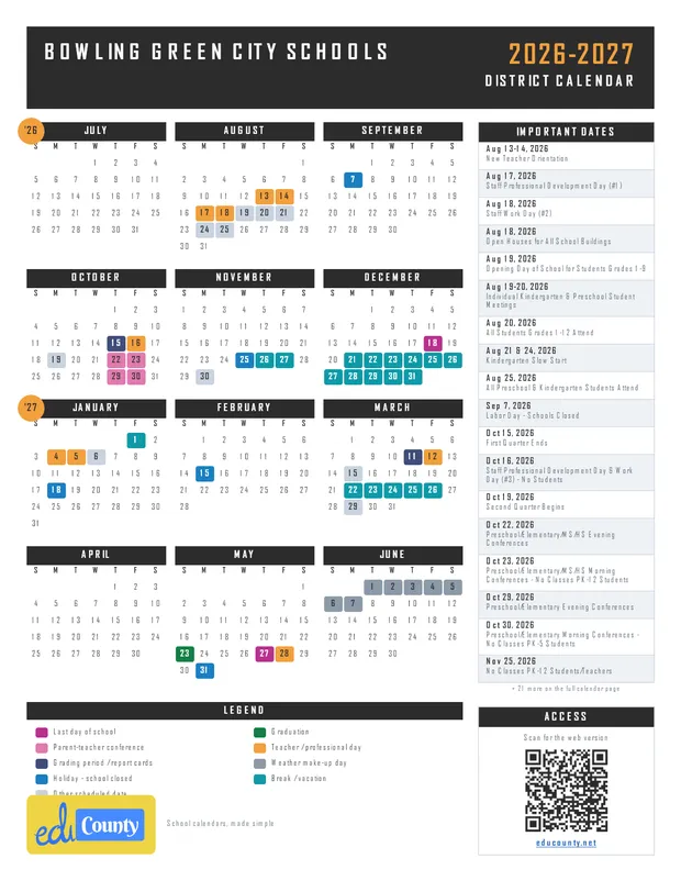 Bowling Green City Schools printable 2026-27 calendar