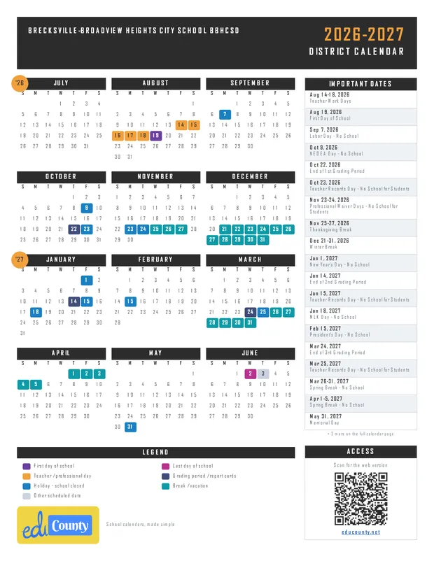 Brecksville-Broadview Heights City School BBHCSD printable 2026-27 calendar