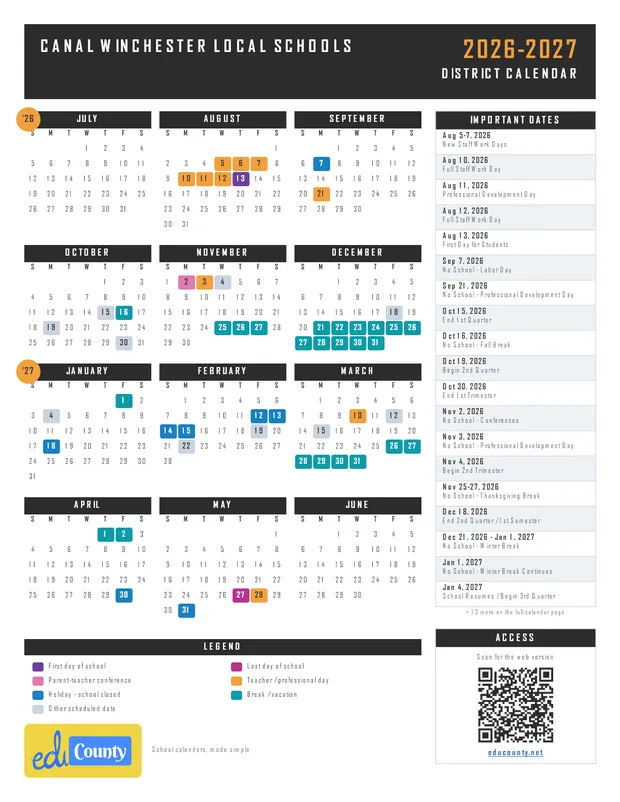 Canal Winchester Local Schools printable 2026-27 calendar