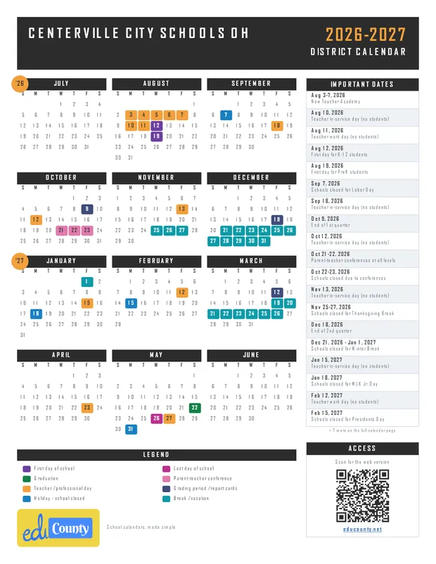 Centerville City Schools printable 2026-27 calendar