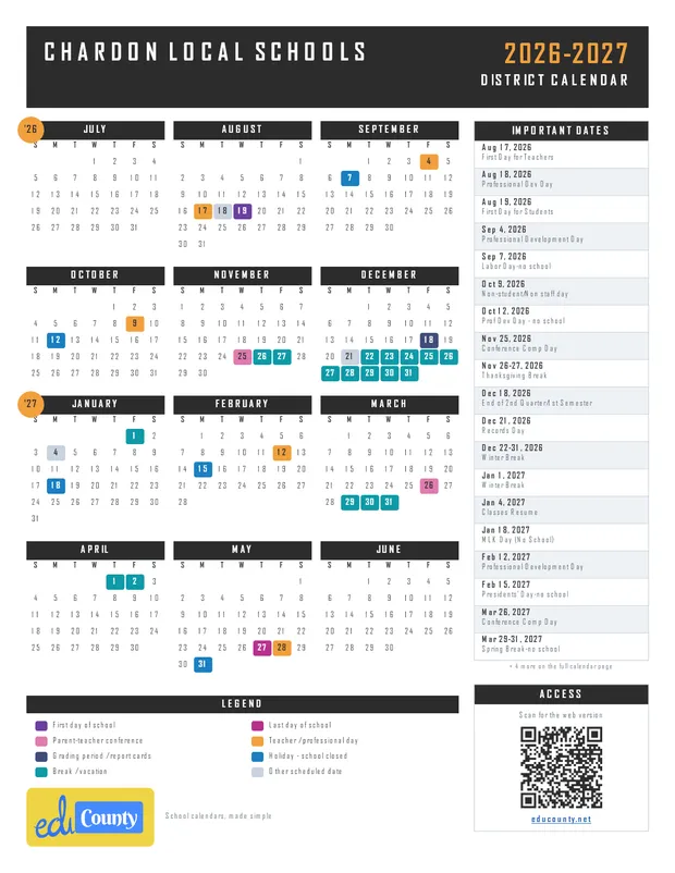 Chardon Local Schools printable 2026-27 calendar