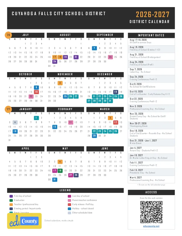 Cuyahoga Falls City School District printable 2026-27 calendar