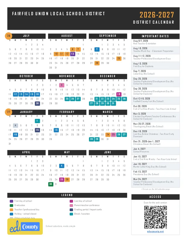 FAIRFIELD UNION LOCAL SCHOOL DISTRICT printable 2026-27 calendar