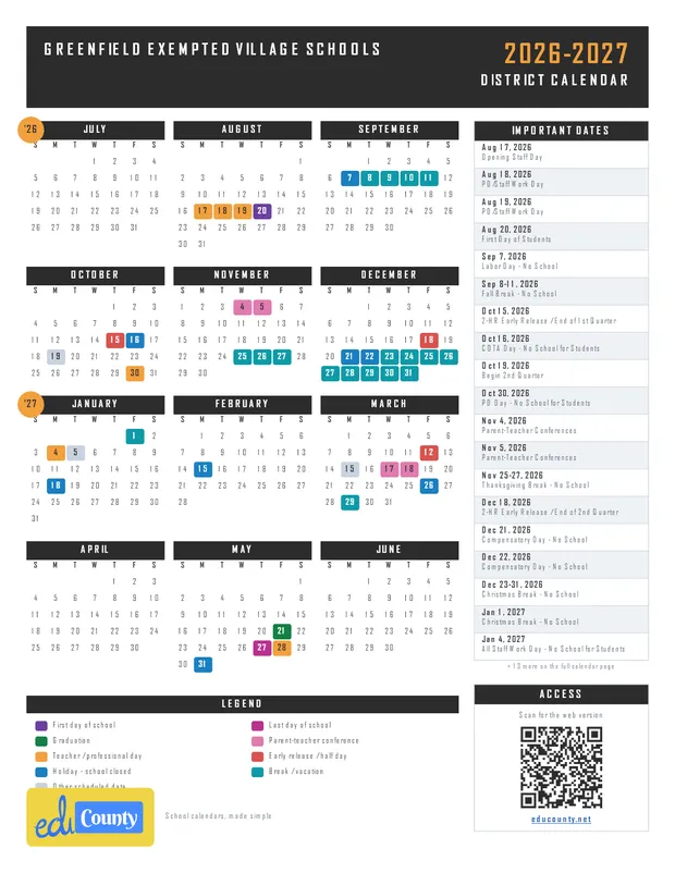 Greenfield Exempted Village Schools printable 2026-27 calendar