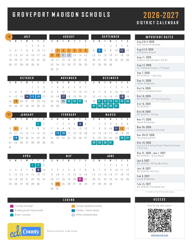 Groveport Madison Schools printable 2026-27 calendar