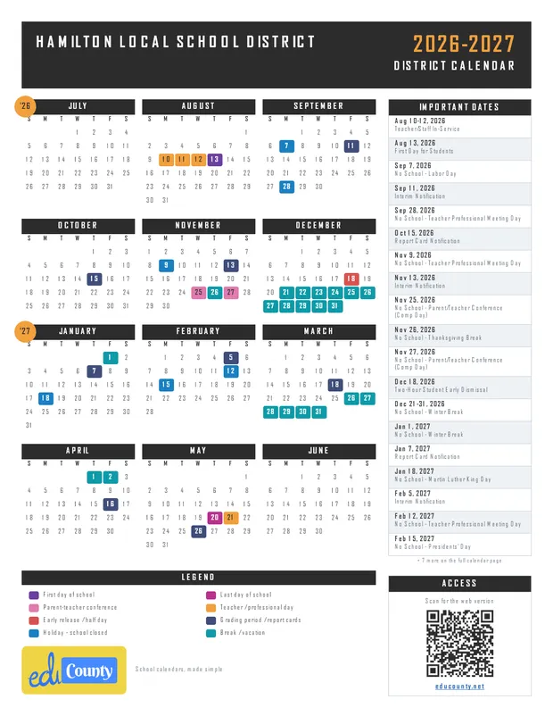 Hamilton Local School District printable 2026-27 calendar