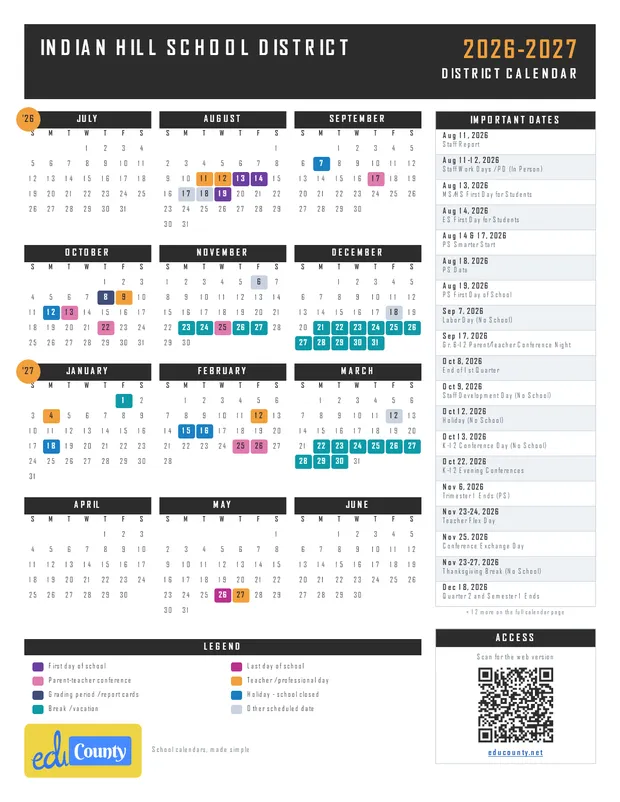 INDIAN HILL SCHOOL DISTRICT printable 2026-27 calendar