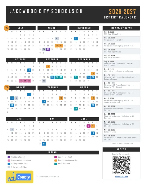 Lakewood City Schools printable 2026-27 calendar