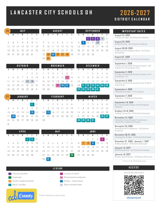 Lancaster City Schools printable 2026-27 calendar
