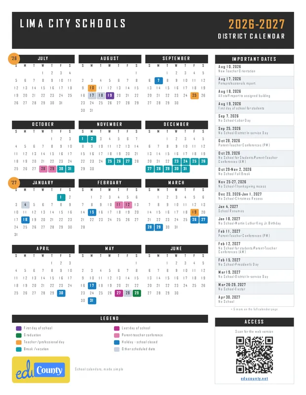 Lima City Schools printable 2026-27 calendar