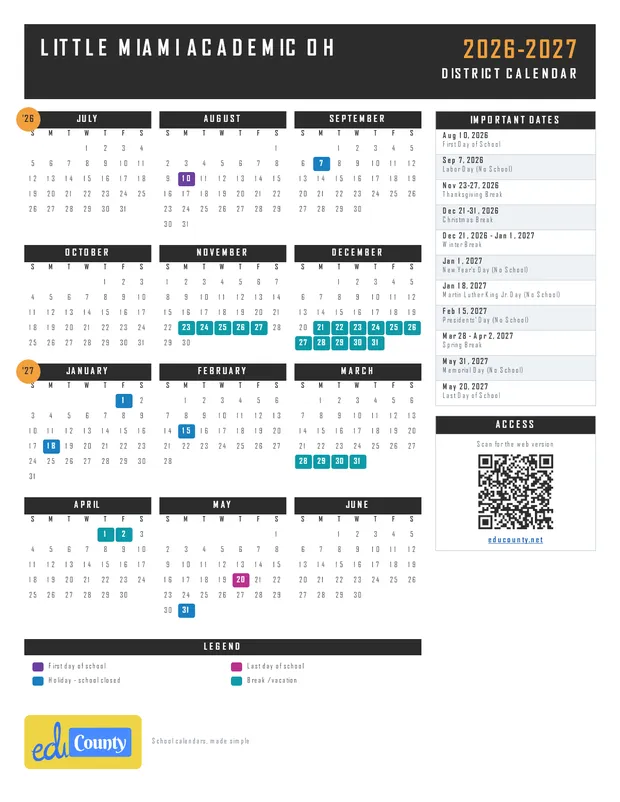 Little Miami Academic printable 2026-27 calendar