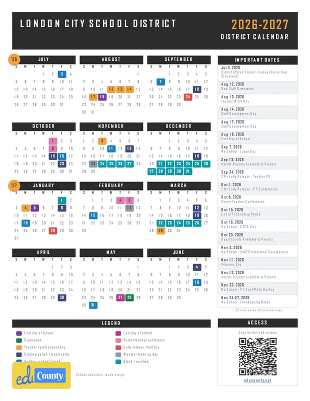 London City School District printable 2026-27 calendar