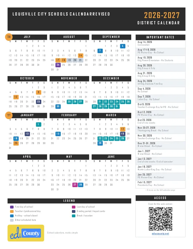 Louisville City Schools Calendarrevised printable 2026-27 calendar